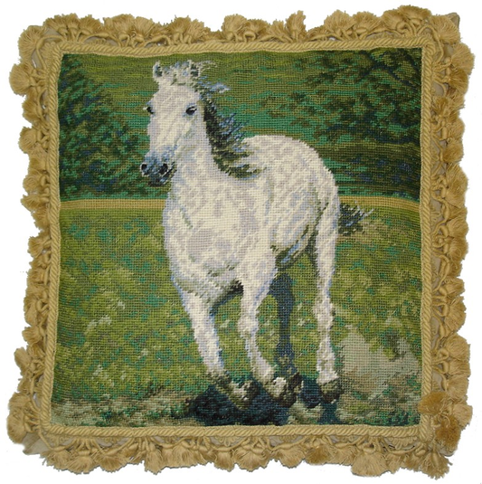 Needlepoint Hand-Embroidered Wool Throw Pillow Exquisite Home Designs white horse with tassels