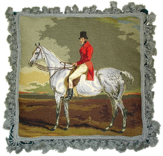 Needlepoint Hand-Embroidered Wool Throw Pillow Exquisite Home Designs riders & horse green sage background & tassels