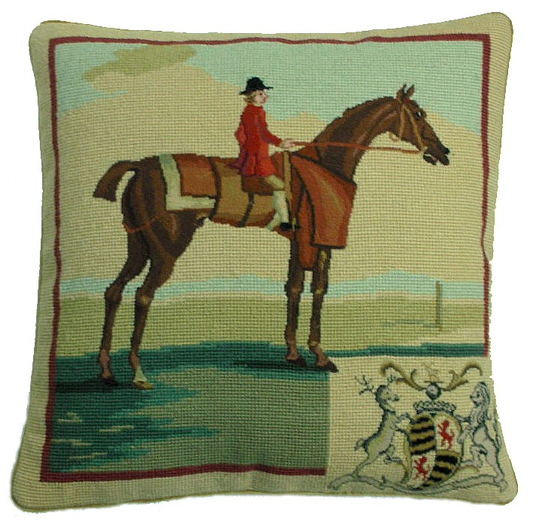 Needlepoint Hand-Embroidered Wool Throw Pillow Exquisite Home Designs rider in red