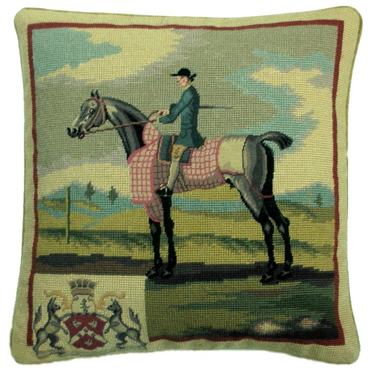 Needlepoint Hand-Embroidered Wool Throw Pillow Exquisite Home Designs rider in blue