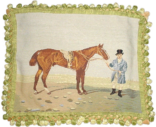 Needlepoint Hand-Embroidered Wool Throw Pillow Exquisite Home Designs  horse/rider with tassels