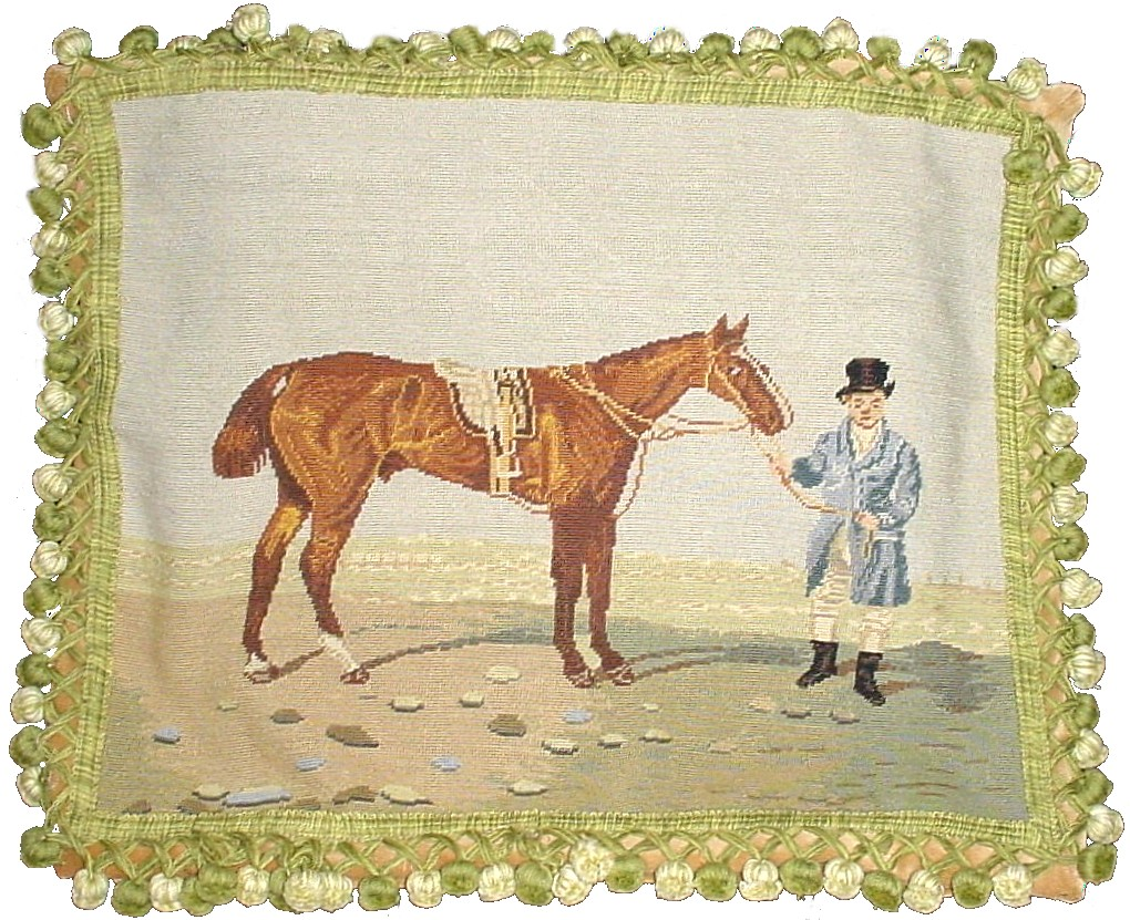 Needlepoint Hand-Embroidered Wool Throw Pillow Exquisite Home Designs  horse/rider with tassels