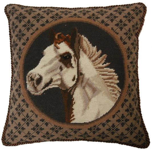 Needlepoint Hand-Embroidered Wool Throw Pillow Exquisite Home Designs white horse head brown cording