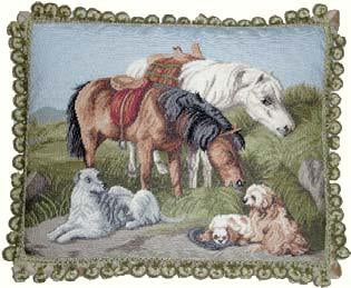 Needlepoint Hand-Embroidered Wool Throw Pillow Exquisite Home Designs  Horses & Dogs with 2 color tassels