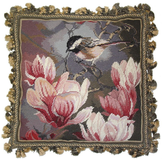 Needlepoint Hand-Embroidered Wool Throw Pillow Exquisite Home Designs pink plums & black-white head bird with tassel