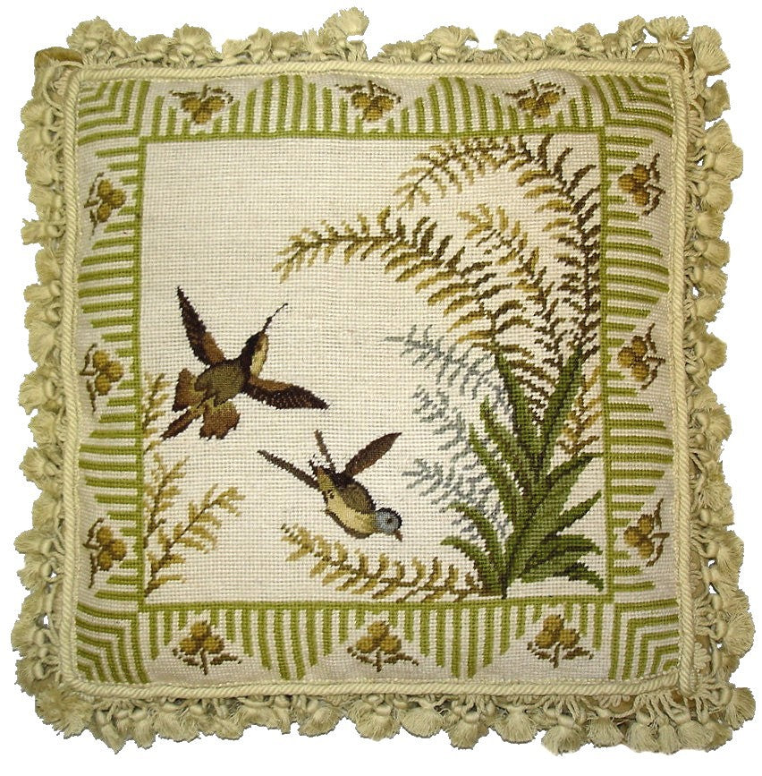 Needlepoint Hand-Embroidered Wool Throw Pillow Exquisite Home Designs 2 Hamming birds & ferns)
