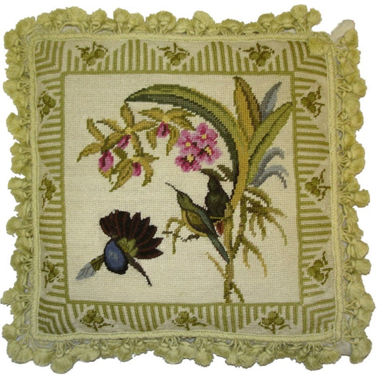Needlepoint Hand-Embroidered Wool Throw Pillow Exquisite Home Designs 3 birds & pink Lily)