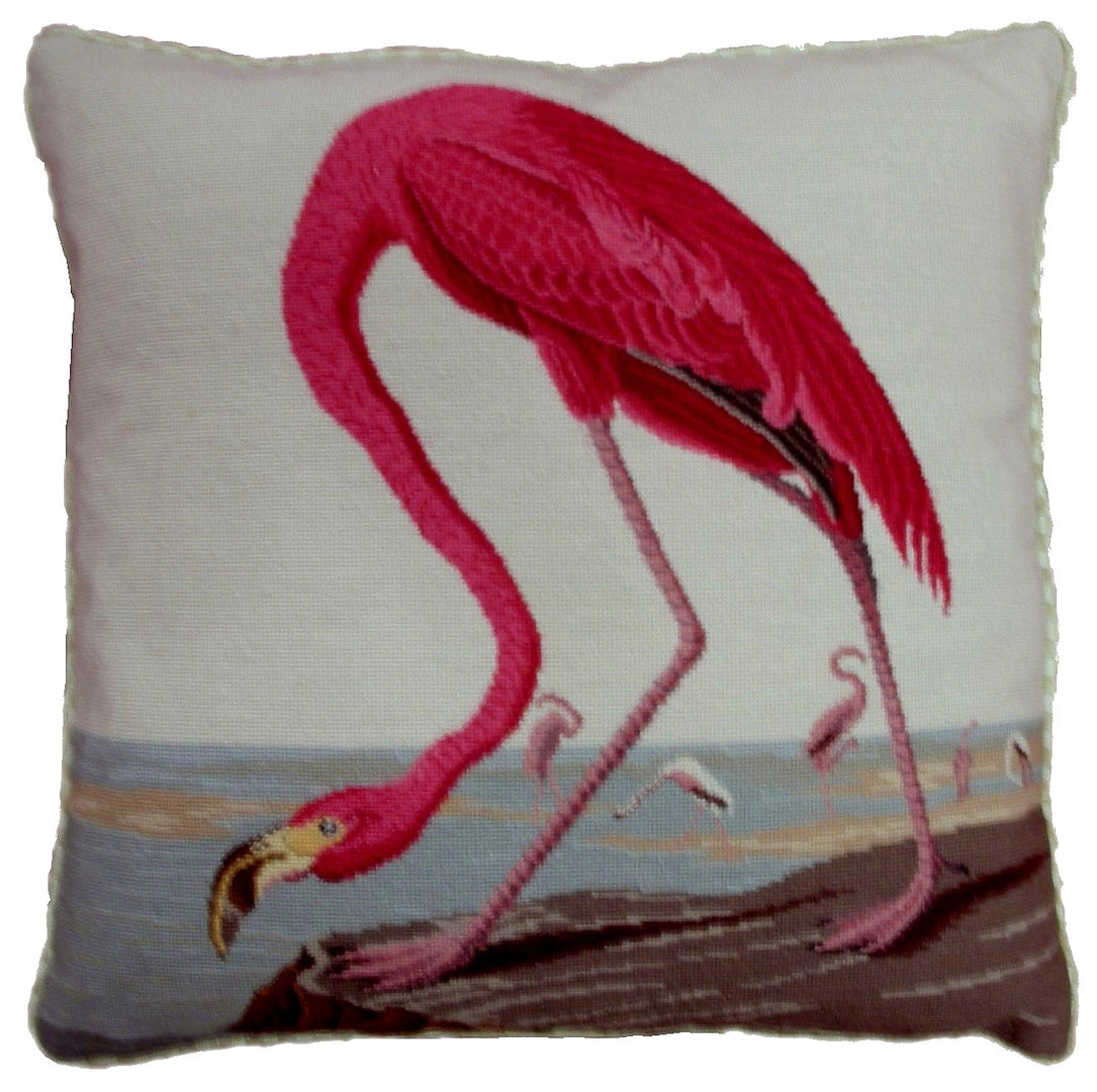 Needlepoint Hand-Embroidered Wool Throw Pillow Exquisite Home Designs  ancient Flamingo with cording