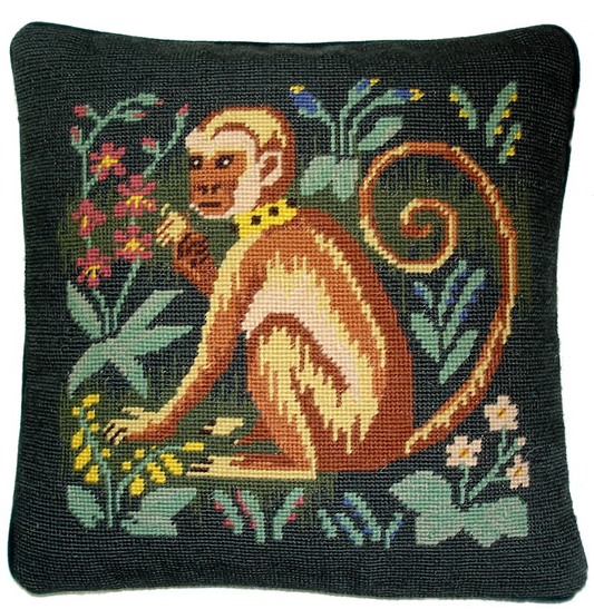 Needlepoint Hand-Embroidered Wool Throw Pillow Exquisite Home Designs monkey hunting green background