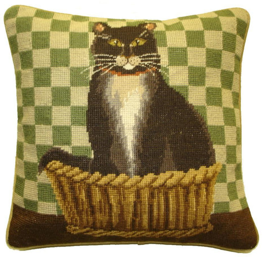 Needlepoint Hand-Embroidered Wool Throw Pillow Exquisite Home Designs with  black cat green checker