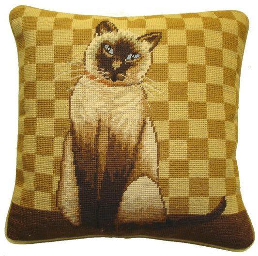 Needlepoint Hand-Embroidered Wool Throw Pillow Exquisite Home Designs with  badge brown cat gold checker