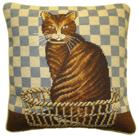 Needlepoint Hand-Embroidered Wool Throw Pillow Exquisite Home Designs with  brown cat blue checker