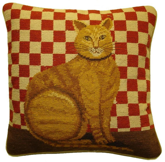 Needlepoint Hand-Embroidered Wool Throw Pillow Exquisite Home Designs with  gold cat red checker