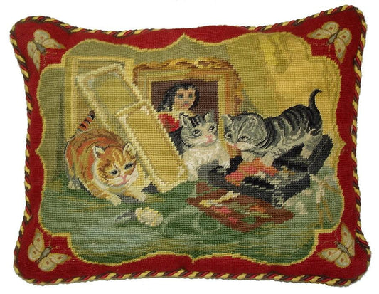 Needlepoint Hand-Embroidered Wool Throw Pillow Exquisite Home Designs back  3 cats and butterfly with cording