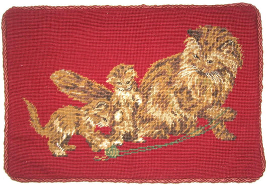 Needlepoint Hand-Embroidered Wool Throw Pillow Exquisite Home Designs  on cats faces rest brown cats in red background with cording