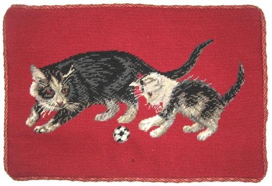 Needlepoint Hand-Embroidered Wool Throw Pillow Exquisite Home Designs  on cat faces rest of in red background with cording