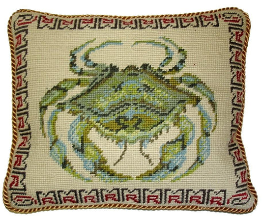 Needlepoint Hand-Embroidered Wool Throw Pillow Exquisite Home Designs Crab gold cording