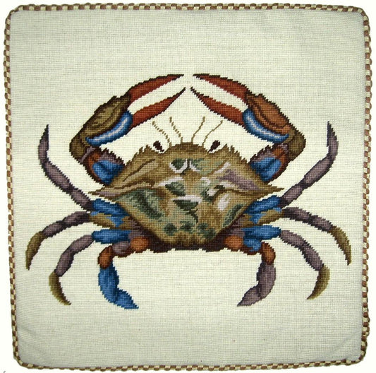 Needlepoint Hand-Embroidered Wool Throw Pillow Exquisite Home Designs blue crab with cording