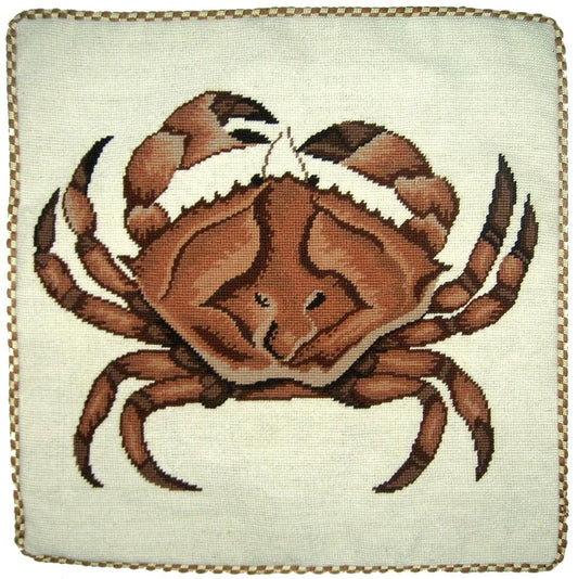 Needlepoint Hand-Embroidered Wool Throw Pillow Exquisite Home Designs brown crab with cording