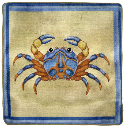 Needlepoint Hand-Embroidered Wool Throw Pillow Exquisite Home Designs blue crab
