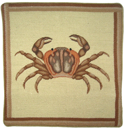 Needlepoint Hand-Embroidered Wool Throw Pillow Exquisite Home Designs brown crab