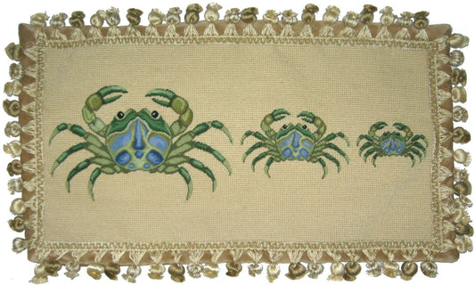 Needlepoint Hand-Embroidered Wool Throw Pillow Exquisite Home Designs 3 green crabs with tassel