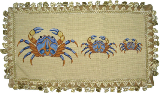 Needlepoint Hand-Embroidered Wool Throw Pillow Exquisite Home Designs 3 blue crabs with tassels