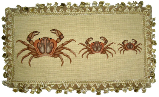 Needlepoint Hand-Embroidered Wool Throw Pillow Exquisite Home Designs 3 brown crabs with tassels