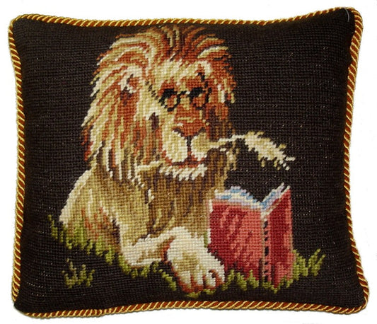 Needlepoint Hand-Embroidered Wool Throw Pillow Exquisite Home Designs Lion reading with gold cording