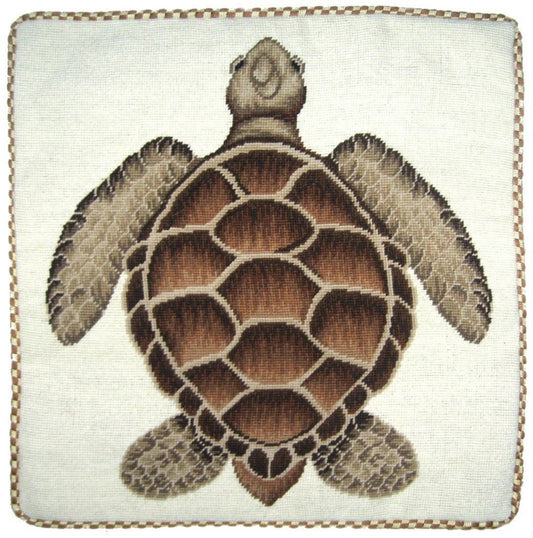 Needlepoint Hand-Embroidered Wool Throw Pillow Exquisite Home Designs brown turtle with cording