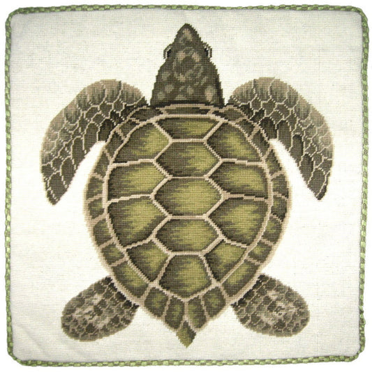 Needlepoint Hand-Embroidered Wool Throw Pillow Exquisite Home Designs green turtle with cording