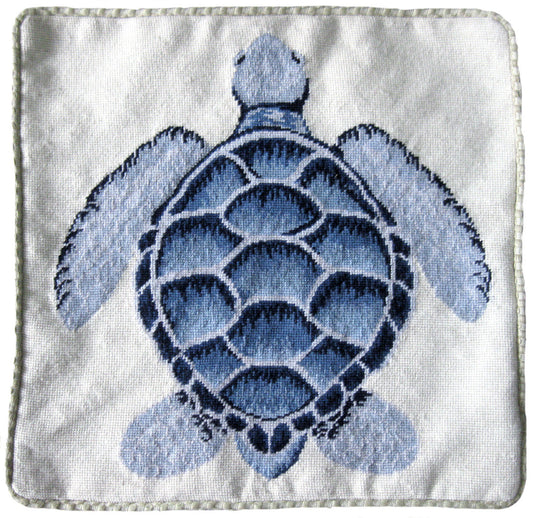 Needlepoint Hand-Embroidered Wool Throw Pillow Exquisite Home Designs light blue sea turtle with cording