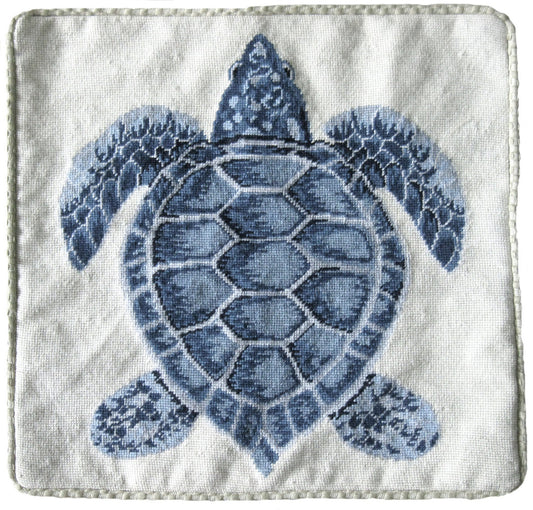 Needlepoint Hand-Embroidered Wool Throw Pillow Exquisite Home Designs dark blue sea turtle cording