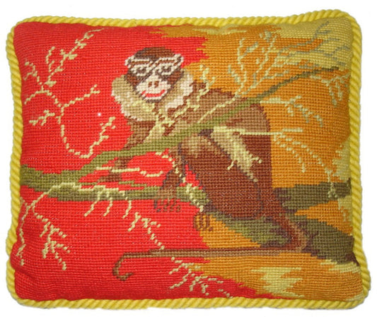Needlepoint Hand-Embroidered Wool Throw Pillow Exquisite Home Designs Patas on the tree bright background with gold cording