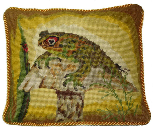 Needlepoint Hand-Embroidered Wool Throw Pillow Exquisite Home Designs Frog on the mushroom with gold cording