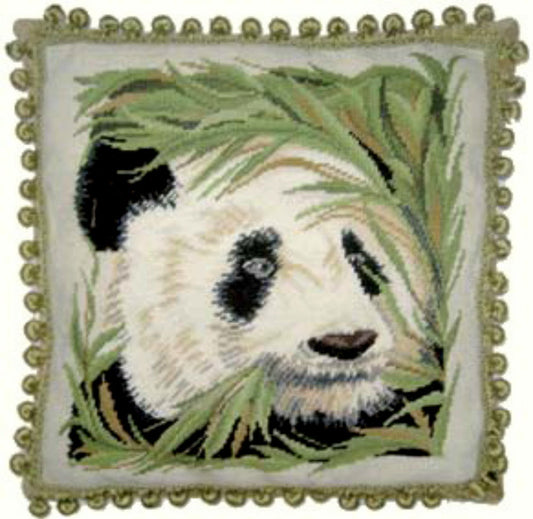 Needlepoint Hand-Embroidered Wool Throw Pillow Exquisite Home Designs panda with banboom 2 color tassels
