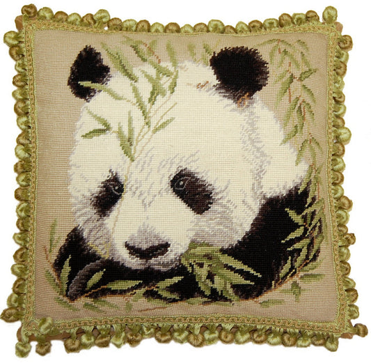 Needlepoint Hand-Embroidered Wool Throw Pillow Exquisite Home Designs panda with tassels