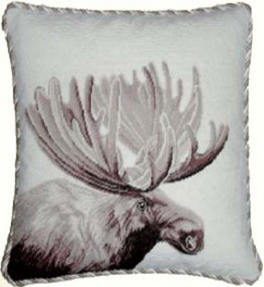 Needlepoint Hand-Embroidered Wool Throw Pillow Exquisite Home Designs  Moose side with 3 color cording