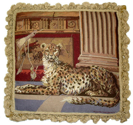 Needlepoint Hand-Embroidered Wool Throw Pillow Exquisite Home Designs Elaine Vollherbsts Design, gross point Pompeii Cheetah with tassels