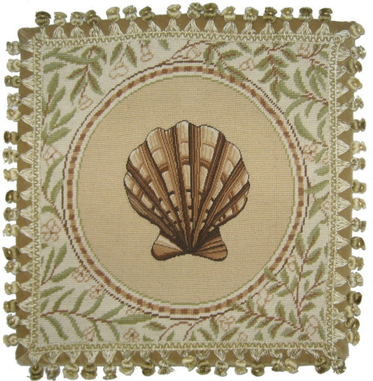 Needlepoint Hand-Embroidered Wool Throw Pillow Exquisite Home Designs fan shell with back and tassels