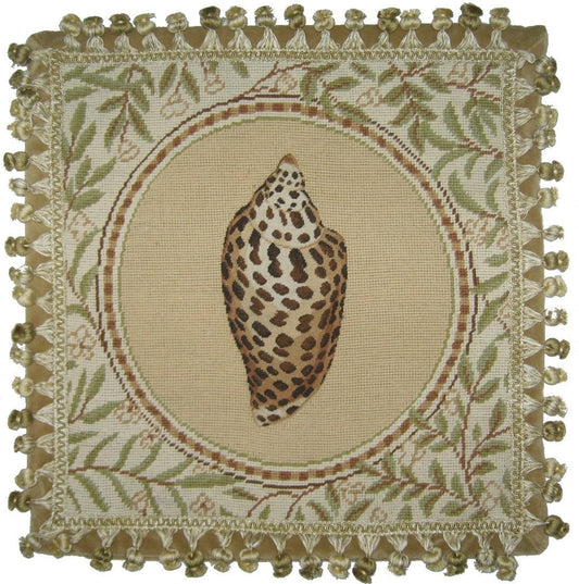 Needlepoint Hand-Embroidered Wool Throw Pillow Exquisite Home Designs Conus shell with back and tassels