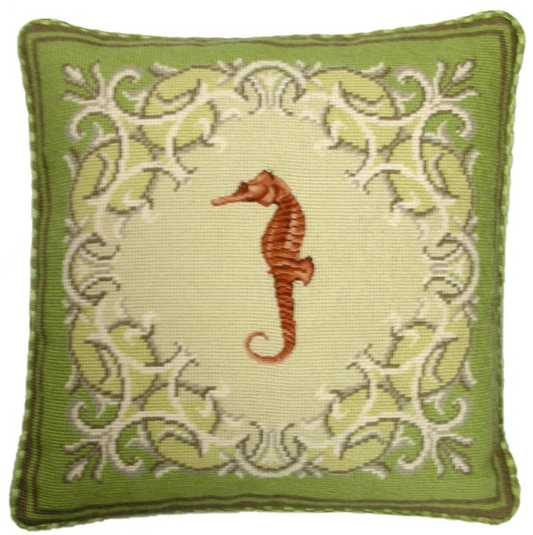 Needlepoint Hand-Embroidered Wool Throw Pillow Exquisite Home Designs seahorse with checker cording
