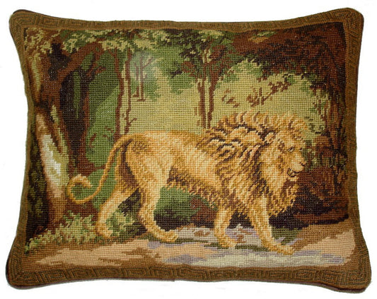 Needlepoint Hand-Embroidered Wool Throw Pillow Exquisite Home Designs All Lion