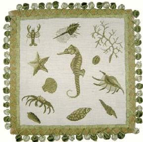 Needlepoint Hand-Embroidered Wool Throw Pillow Exquisite Home Designs green sea-horse with tassels