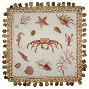 Needlepoint Hand-Embroidered Wool Throw Pillow Exquisite Home Designs Fienst  brown crab with tassels