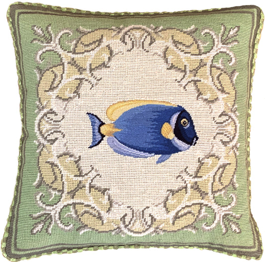 Needlepoint Hand-Embroidered Wool Throw Pillow Exquisite Home DesignsFienst  tropical fish - Surgeonfish with green frame checker cording