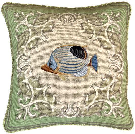 Needlepoint Hand-Embroidered Wool Throw Pillow Exquisite Home Designstropical fish-foureye butterflyfish green frame checker cording