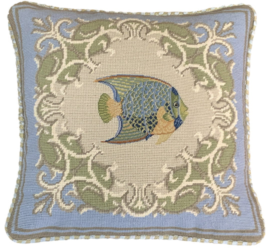 Needlepoint Hand-Embroidered Wool Throw Pillow Exquisite Home Designstropical fish-Queen Angel blue frame checker cording