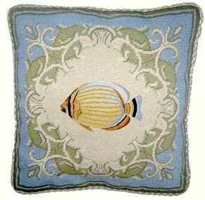 Needlepoint Hand-Embroidered Wool Throw Pillow Exquisite Home Designs tropical fish-reef butterflyfish blue frame checker cording