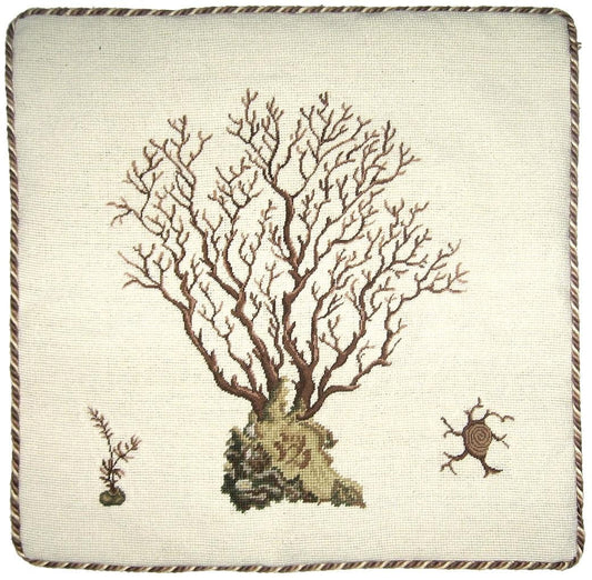 Needlepoint Hand-Embroidered Wool Throw Pillow Exquisite Home Designs brown Marestail with 3 color cording